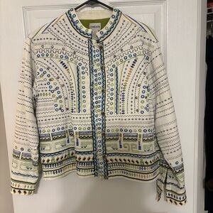 Chico's White and Blue Embroidered Jacket